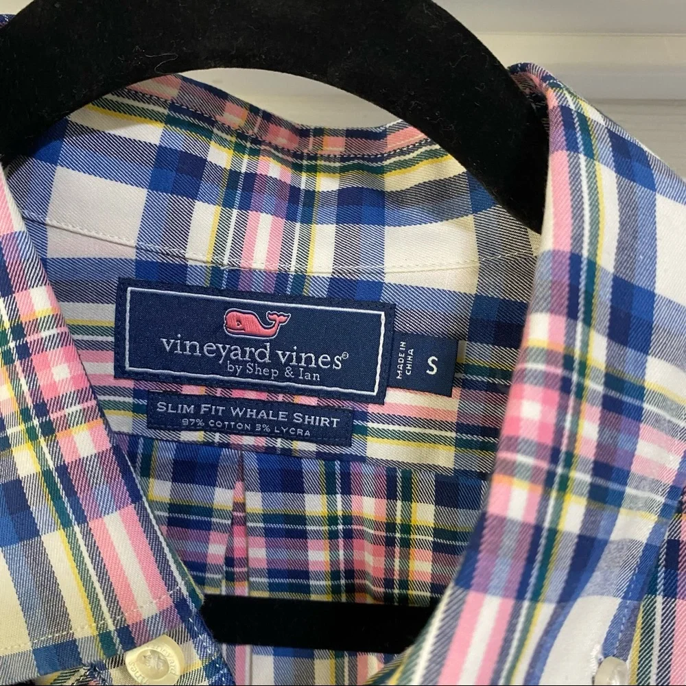 Vineyard Vines Slim Naushon Plaid Whale Shirt Men’s Blue Pink White Size Small - Picture 4 of 8